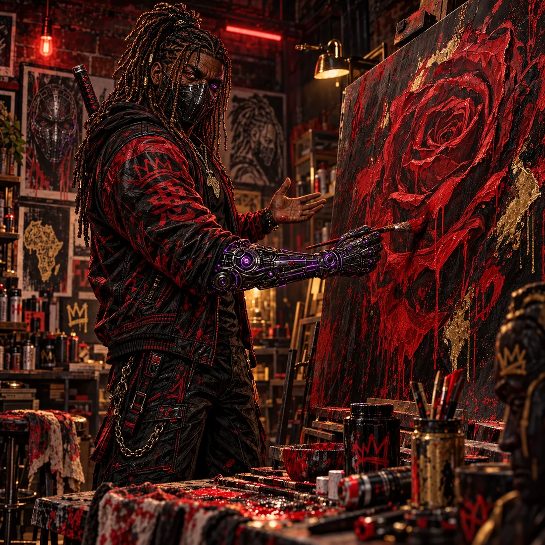 Illustrated Alhaji painting a dimensional crimson rose mural in his workshop
