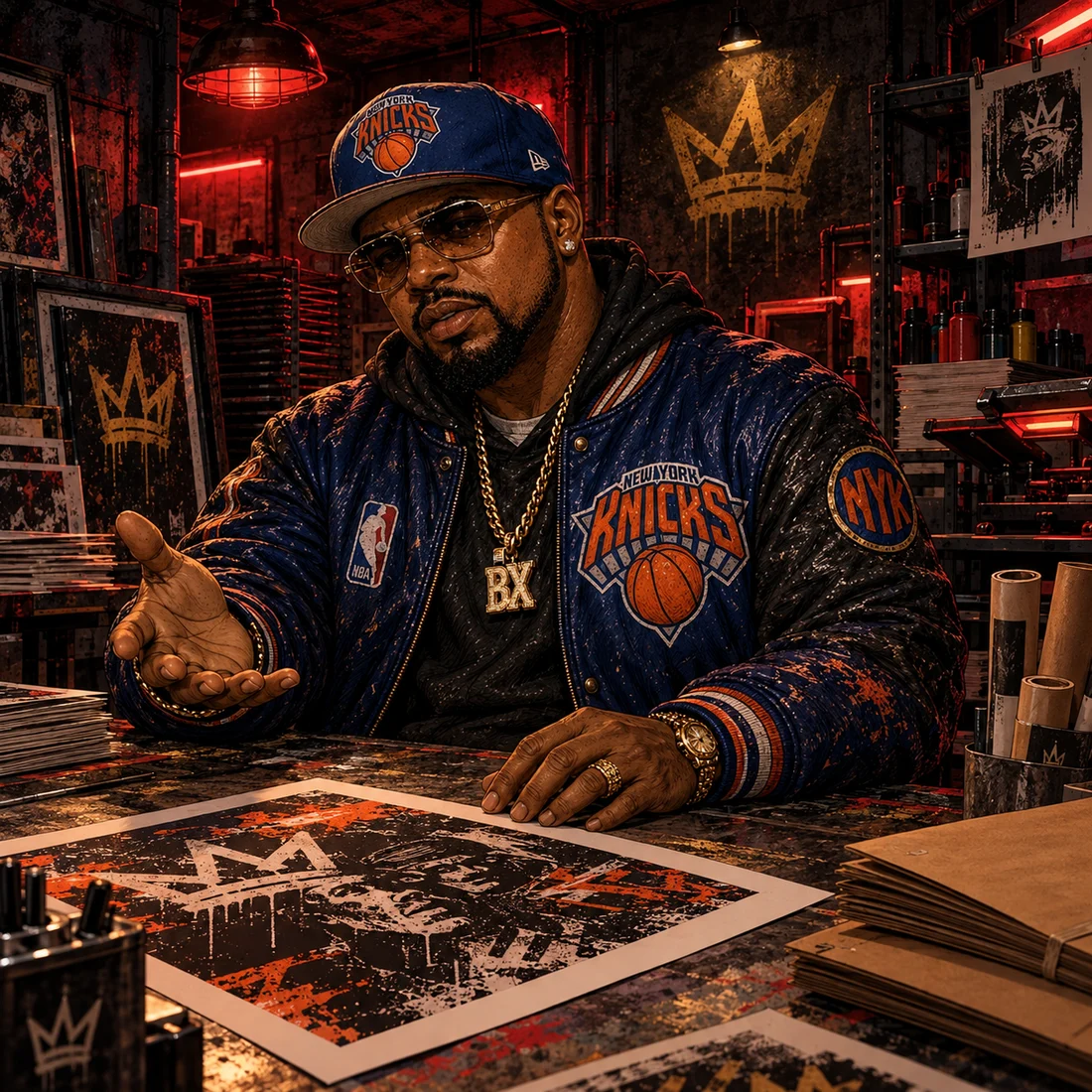 Loso welcomes you into a crimson-lit KRAYONZ print studio, presenting artwork at his worktable