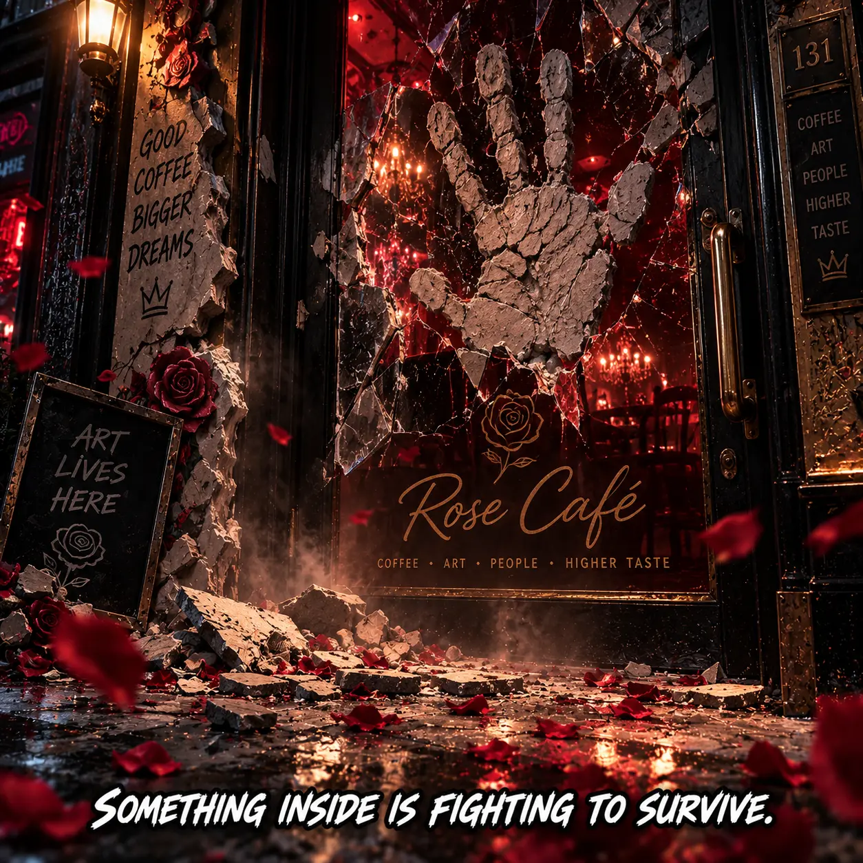 A concrete handprint seals the shattered Rose Café entrance