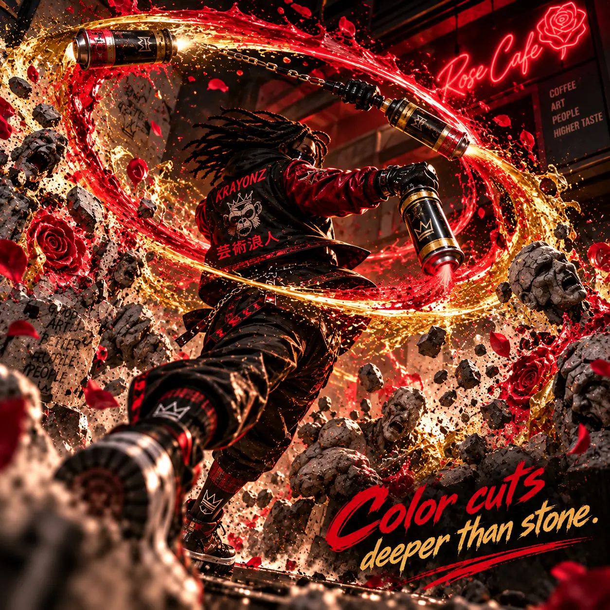 Alhaji's Bionic Krayonz release red and gold paint through stone