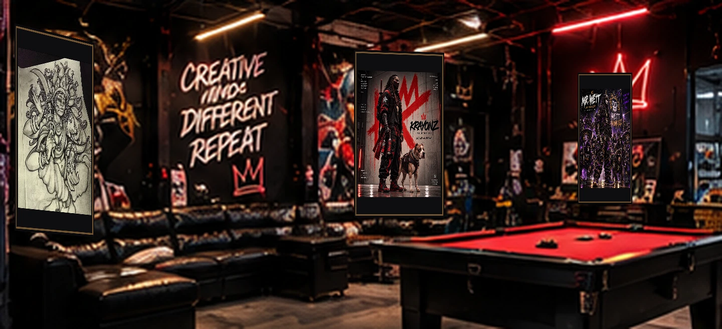 THE COMMON AREA.: the illustrated KRAYONZ HQ interior with original KRAYONZ artwork displayed on the walls
