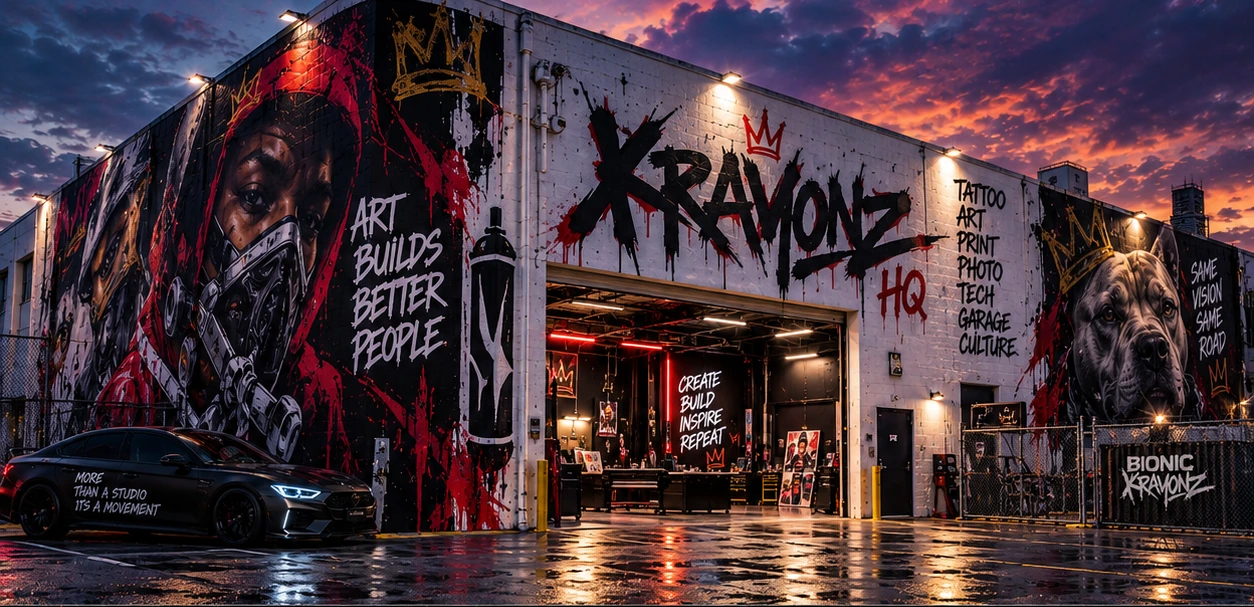 The approved red, black and white mural-covered KRAYONZ HQ exterior