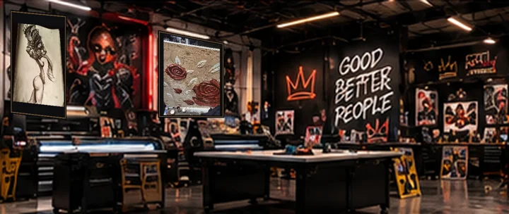 ART + PRINT STUDIO interior, with KRAYONZ artwork on display