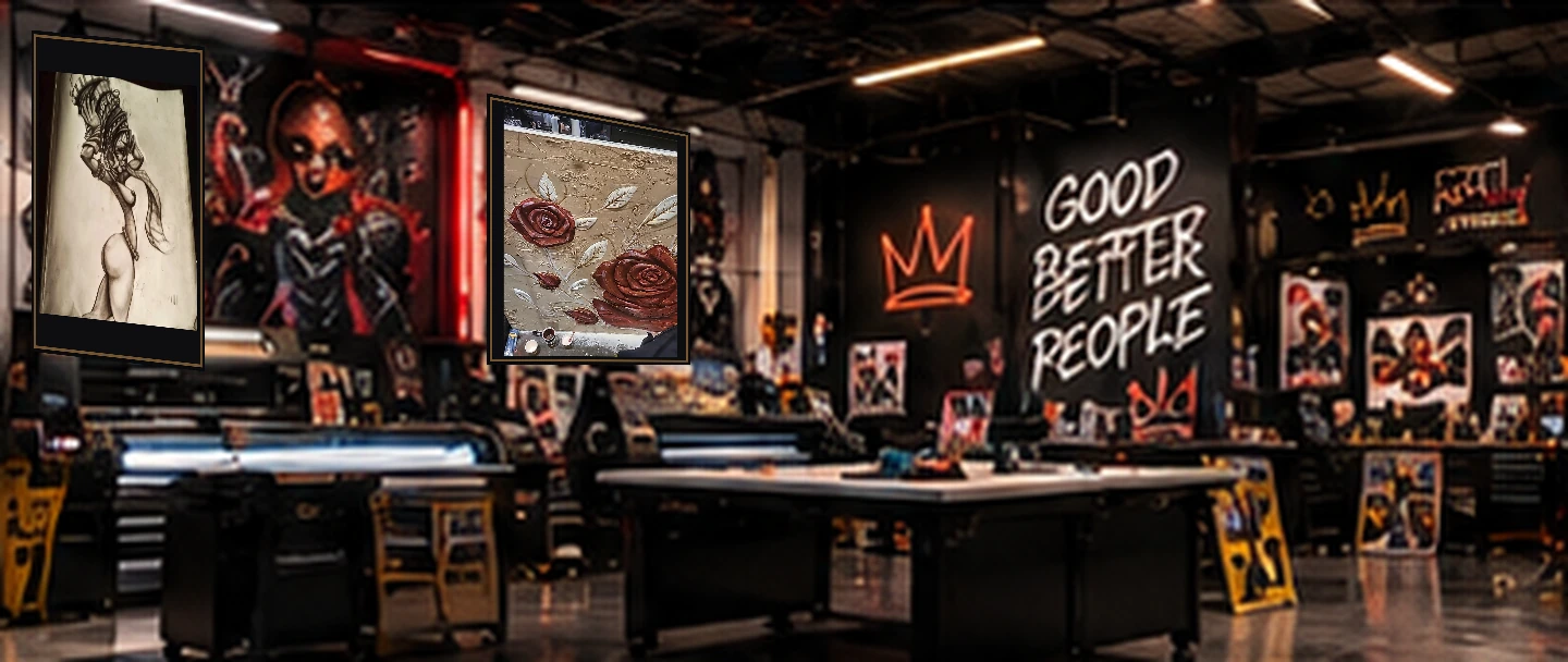 ART + PRINT STUDIO.: the illustrated KRAYONZ HQ interior with original KRAYONZ artwork displayed on the walls