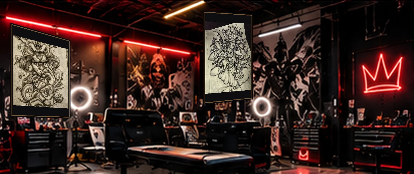 TATTOO BAY.: the illustrated KRAYONZ HQ interior with original KRAYONZ artwork displayed on the walls