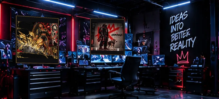BIONIC TECH LAB interior, with KRAYONZ artwork on display