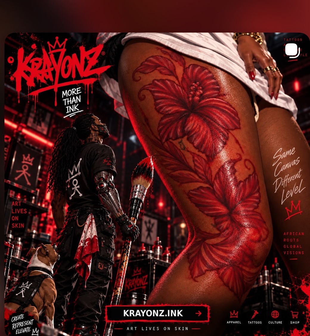 Crimson Bloom Mission 04 cover with Alhaji beneath the finished red botanical thigh tattoo